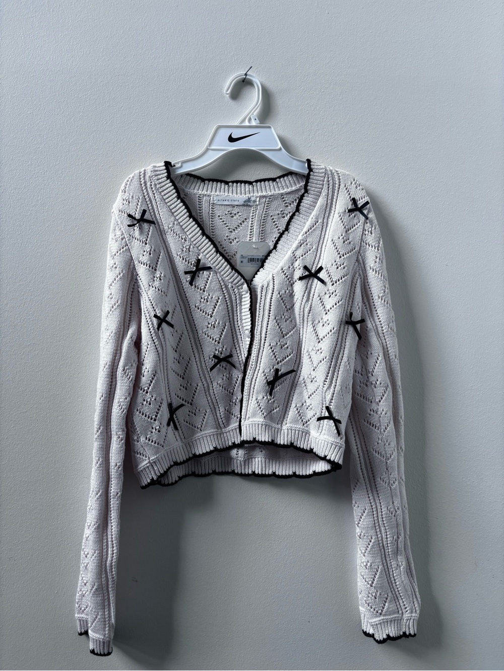 Altar'd State Light Pink Cropped Knit Cardigan with Black Trim